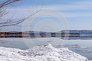 Melting ice on the river in spring