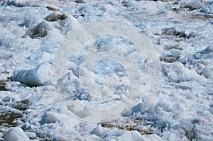 Melting ice on the river in spring. Ice drift time. Natural structure