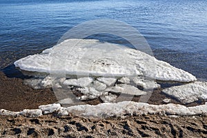 Melting ice on the sandy shore, Cental beach, Hanko, Finland photo
