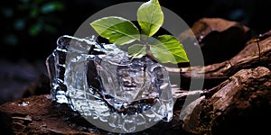 Melting ice sculpture next to a live plant, symbolizing the contrast between transient and lasting beauty , concept of