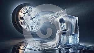 Melting Ice Sculpture with Ticking Clock: Urgency of Time