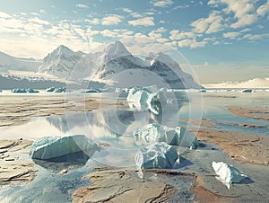 Melting icebergs off Greenland\'s coast, against a backdrop of parched earth, wide angle, stark climate change visual