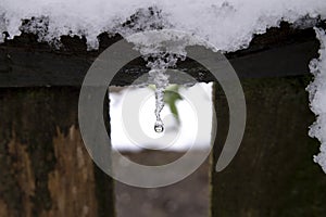 Melting icicle and fresh snow on a wooden frame