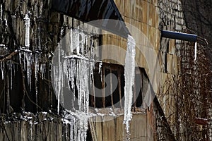 Melting icicles on a brick wall