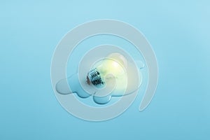 Melting light bulb in a aqua blue background,