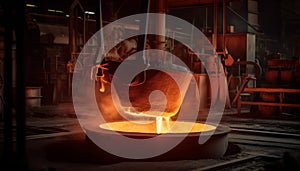 Melting metal industry pouring liquid steel in workshop furnace generated by AI