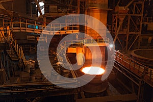 Melting of metal in a steel plant. High temperature in the melting furnace. Metallurgical industry. Factory for the