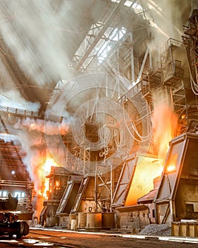 Melting of metal in a steel plant. Metallurgical industry