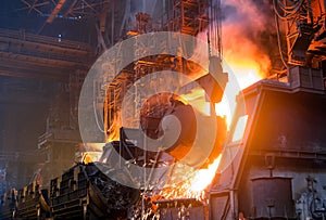 Melting of metal in a steel plant. Metallurgical industry