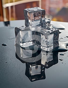 Melting Moments: Ice Cubes on Glass Table with Reflection