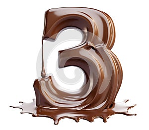 Melting number 3 made of chocolate isolated on white. Generative AI illustration