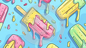 Melting Popsicles. Colorful Ice Cream Treats Dripping on Light Blue Background