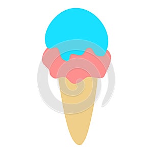 Melting red and blue soft ice cream or softy in waffle cone, flat doodle raster