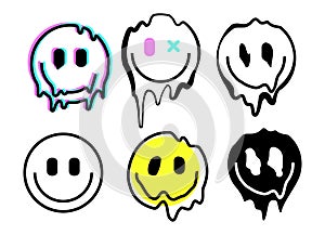 Melting smile emoji icons. Melted funny smile face. Dripping smile. Good mood positive emoji.