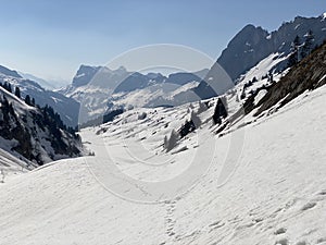 Melting snow cover and early spring ambience in the alpine valley Lochboden and in the valley of the stream Sulzbach in the Glarus