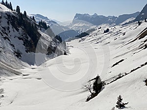 Melting snow cover and early spring ambience in the alpine valley Lochboden and in the valley of the stream Sulzbach in the Glarus