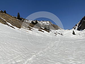 Melting snow cover and early spring ambience in the alpine valley Lochboden and in the valley of the stream Sulzbach in the Glarus