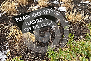 Melting snow on the ground, into which a sign has been stuck prohibiting dogs from walking on the lawn