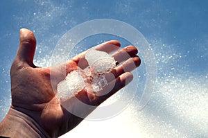 Melting snow and ice in hand, water flows from the palm of your hand, the concept of warming