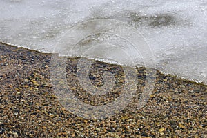 Melting snow and ice on a lake -front cover for ice-fishing or winter