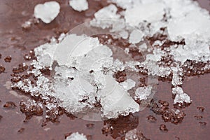 Melting snow, icicles and ice as a background. Outgoing winter, spring weather