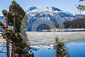 Melting Snow On Mountain Lake In Spring