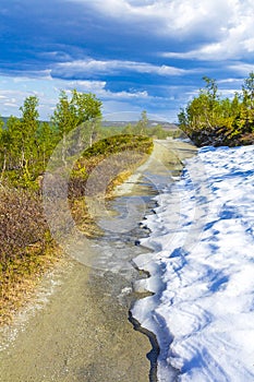 Melting snow on the road street on mountain Hemsedal Norway photo