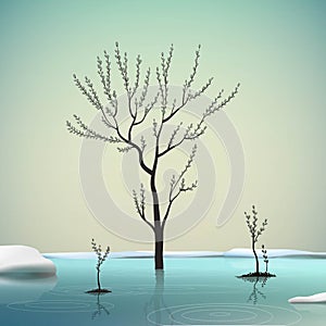 Melting snow and sprout catkin trees in spring clean cold water, spring come, spring nature beauty