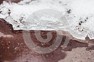 Melting snow, icicles and ice as a background. Outgoing winter, spring weather