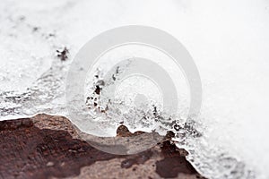 Melting snow, icicles and ice as a background. Outgoing winter, spring weather