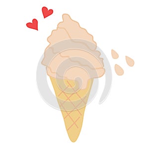 Melting soft ice cream or softy in waffle cone, hearts and drops on background, flat doodle raster
