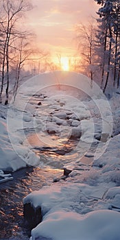 Melting Sunset A Photorealistic Depiction Of A Snowy River