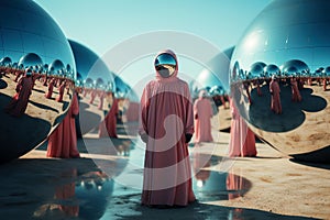 Member of a cult dressed in pink robe is standing among large silver spheres in a desert