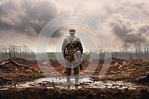 A member of Red Star military history club wears historical German uniform during historical reenactment. A soldier standing alone