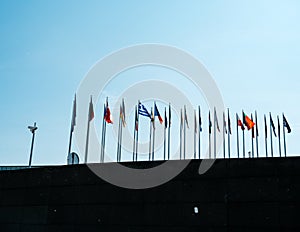 The Member States of the European Union flags waving in wind