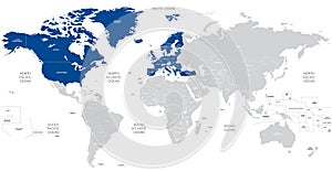 Member states of NATO (North Atlantic Treaty Organization) on the world map. Vector illustration