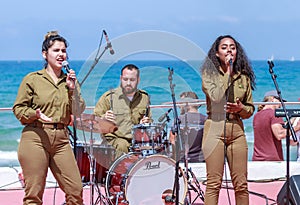 Members of the Army Music Group perform in the city of Haifa in honor of the 70th anniversary of the independence of the State of