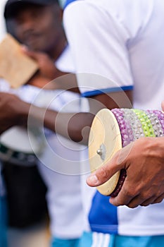 Members of Candomble are seen playing percussion instruments during a samba circle in the city of Cachoeira, Bahia