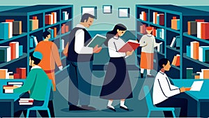 Members of the congregation browsing through the librarys collection on a quiet Sunday afternoon.. Vector illustration. photo