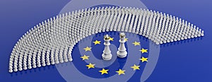 Members of European Parliament as pawns and a chess king and queenon European Union flag. 3d illustration