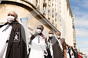 Members of the Rosario dos Pretos church are seen during the corpus christi procession in Pelourinho, Salvador, Bahia