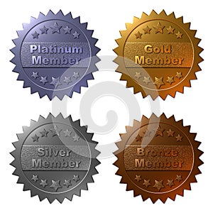 Membership medals in Platinum, Gold, Silver and Bronze