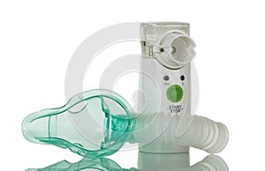 Membrane of the ultrasonic nebulizer with children`s mask, isolated on white