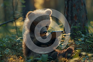 Meme. Baby bear uses smartphone in sunny forest, presenting a humorous juxtaposition of wildlife and modern photo