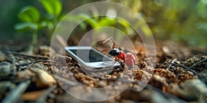 Meme. Red ant uses smartphone in forest on the ground, presenting a humorous juxtaposition of wildlife and modern photo