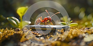 Meme. Red ant uses smartphone in sunny forest, presenting a humorous juxtaposition of wildlife and modern technology photo