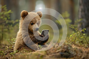 Meme. Small Baby bear uses smartpmobile phone in cozy forest, presenting a humorous juxtaposition of wildlife and photo