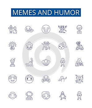 Memes and humor line icons signs set. Design collection of Memes, Humor, Comedy, Laughs, Jokes, Pranks, Quips, Comedy