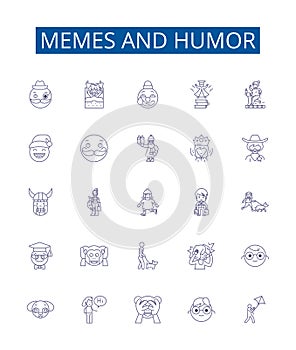 Memes and humor line icons signs set. Design collection of Memes, Humor, Comedy, Laughs, Jokes, Pranks, Quips, Comedy
