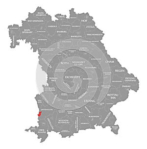Memmingen city red highlighted in map of Bavaria Germany